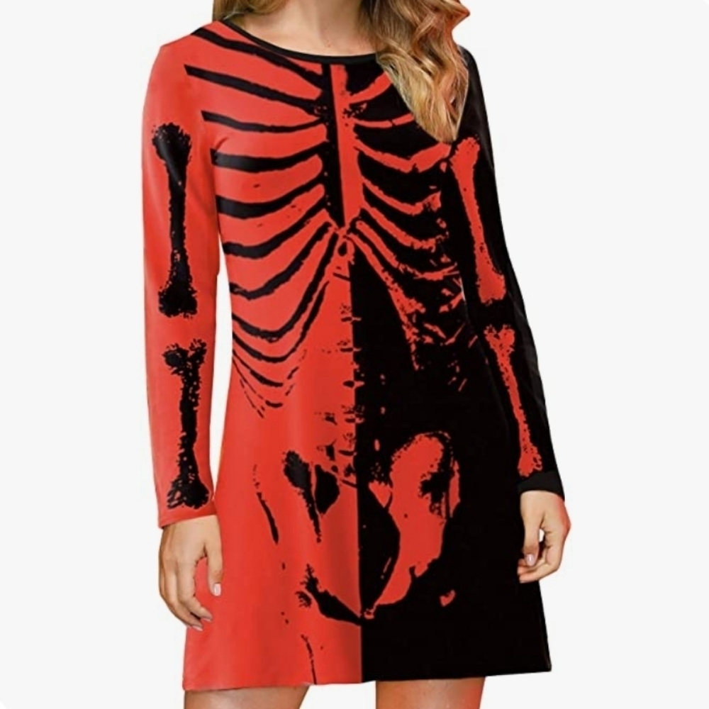 For G and PL  Halloween Costume Red/Black Skeleton  Long Sleeve Mini Dress SZ S